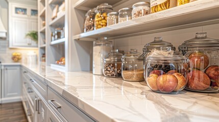 Marble countertop in well-organized pantry, close-up of interior design, modern and elegant, beautiful background, luxury home, bright and airy, premium finishes, stylish storage, sleek and clean