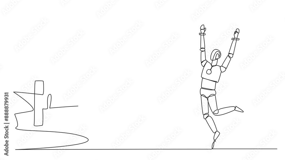 Poster self drawing animation of single continuous line drawing a smart robot is happy to get rocket from t