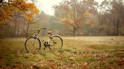 Fototapeta premium Older bicycle on a fall grass field with a cozy grassy mood