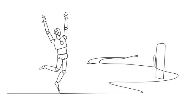 Self drawing animation of continuous one line drawing robot was excited to get the treasure chest from the giant hand. Valuable discovery. Forerunner of artificial intelligence. Full length animated
