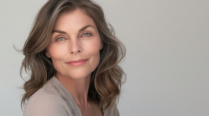 Fototapeta premium Portrait of an elderly middle-aged woman looking at the camera lens with a gentle smile. Her skin is radiant and healthy, which reflects her care for beauty and cosmetic care. 
