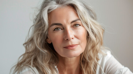 Fototapeta premium Portrait of an elderly middle-aged woman looking at the camera lens with a gentle smile. Her skin is radiant and healthy, which reflects her care for beauty and cosmetic care. 