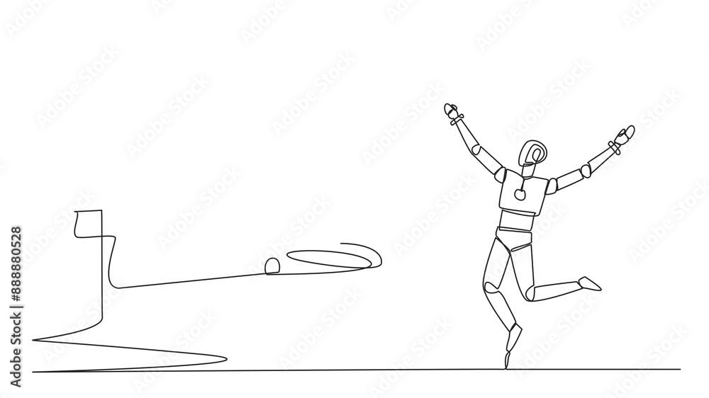 Poster animation of a single continuous line drawing of a robot happy to get the trophy from the giant hand