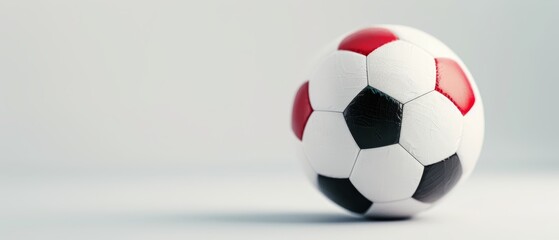  A soccer ball, with red and black stripes at the bottom, tightly focused against a pristine white background