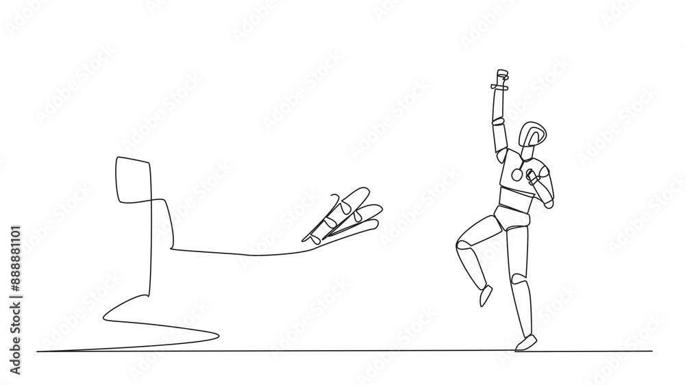 Poster animation of a single one line drawing of a robot excited to get a safe deposit box from a giant han