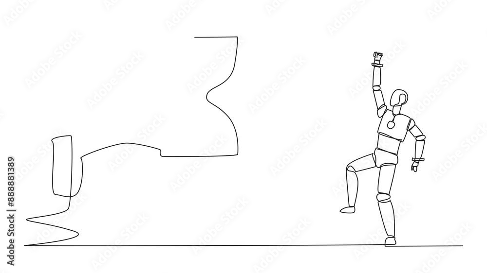 Poster self drawing animation of continuous one line drawing a robot excited to get the hourglass from the 