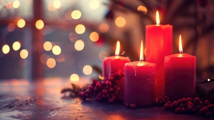 Festive holiday ambiance with red candles and lights