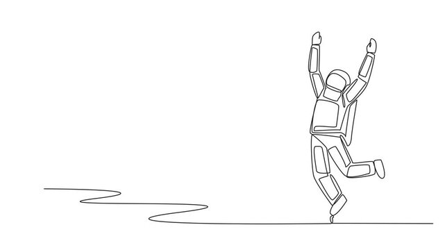 Animated self drawing of single continuous line drawing young astronaut happy to get a piggy bank from giant hand. Savings. Investment. The needs for future space missions. Full length animation