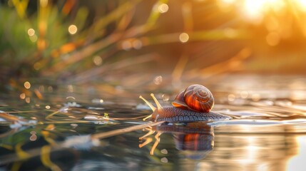Obraz premium Determined snail bravely climbing under the scorching sun in a vivid and realistic photo