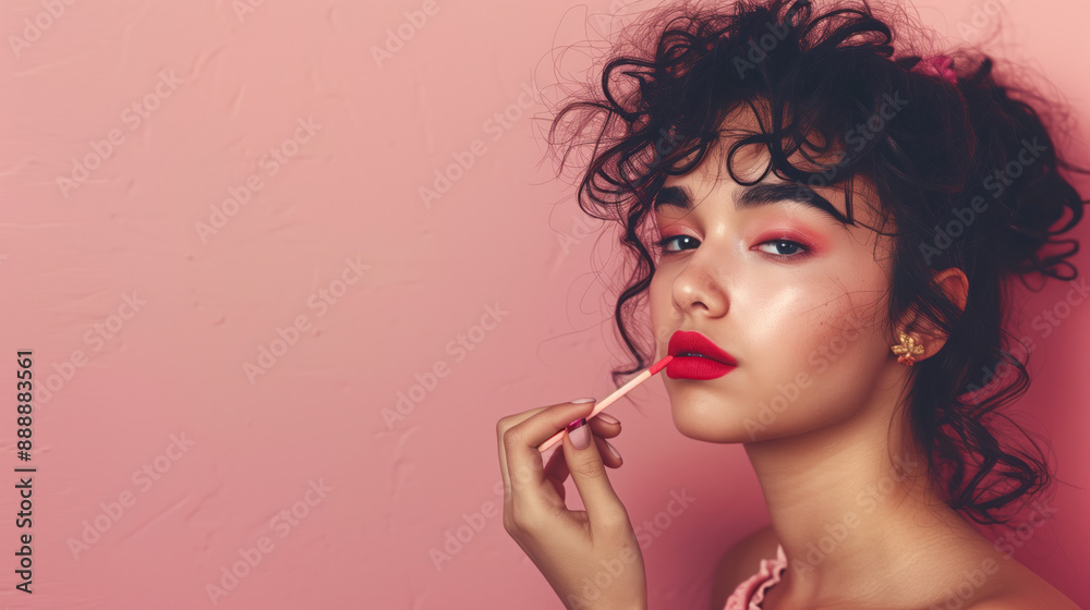 Sticker a beautiful woman applying lipstick, standing on the right side with a clean background