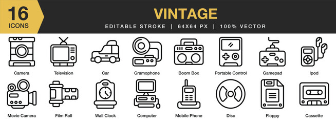 Set of 16 Vintage icon set. Editable Stroke Icon Collection. Includes boom box, camera, computer, gamepad, gramophone, and More. Outline icons vector collection.