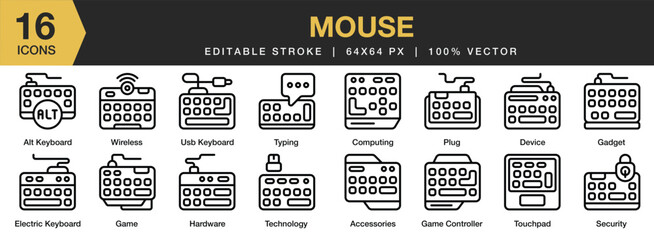 Set of 16 Mouse icon set. Editable Stroke Icon Collection. Includes cable mouse, computer, scroll, tools, usb, device, and More. Outline icons vector collection.