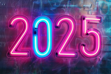 2025 neon numbers, luminous New Year symbol, fluorescent 2025 greeting card, glowing sparkle