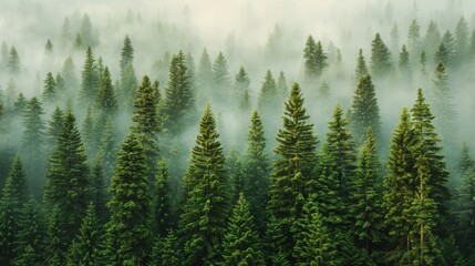 Misty Forest, Coniferous Trees in the Fog