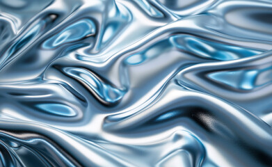 Shiny metallic abstract liquid texture in blue and silver tones.