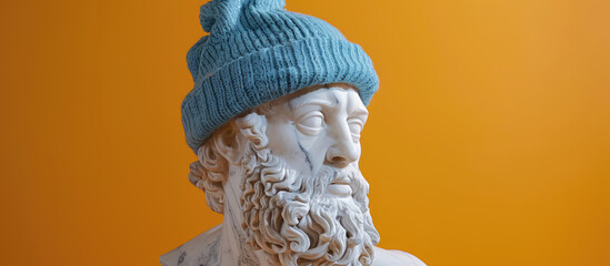 White plaster bust wearing blue winter hat on orange background