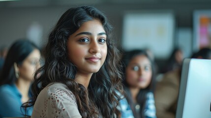 Portrait of a South Asian Female Student Studying in College with Diverse Classmates. Indian Girl Listening to Teacher, Using Computer to Apply Her Knowledge to Acquire New IT Skills in, Generative AI
