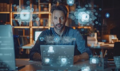 Beautiful Short Haired Project Manager Working on Computer in Office. Augmented Reality Social Media Icons Appear From Worker's Laptop. Internet of Things, Connectivity and Online, Generative AI