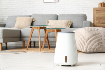 Grey sofa, coffee table and modern humidifier in living room
