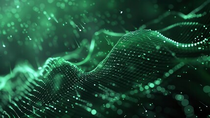 Abstract green background with glowing particles and a grid pattern.