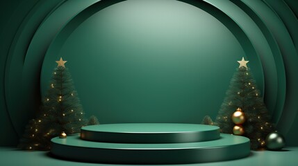 Christmas podium for products showcase, promotional sale, in green color background