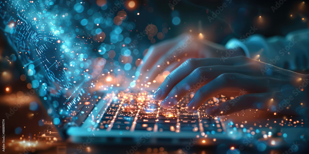 Leinwandbilder a person typing on their laptop, with digital data flowing out of the screen and glowing blue partic