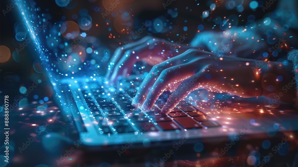 Leinwandbilder a person typing on their laptop, with digital data flowing out of the screen and glowing blue partic