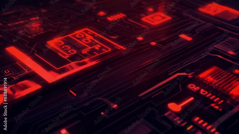 Poster This Red illuminated circuit board with integrated circuits. Technology background