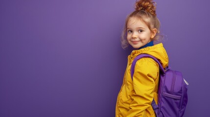 Child with backpack on purple background