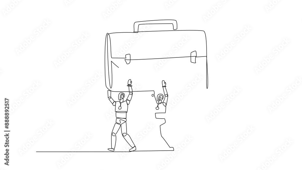 Poster animation of single continuous line drawing group of robots work together carrying a briefcase. test
