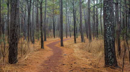 Naklejka premium A pathway winding through a dense pine grove, covered in a soft carpet of pine needles