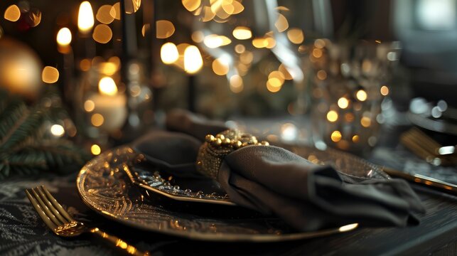 Close up of a table setting with a golden fork and napkin ring.