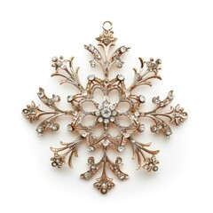 Close-up of a gold and crystal snowflake ornament.