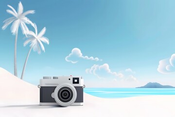 Vintage camera on a serene beach with turquoise waters and palm trees under a sunny sky.