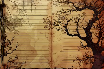 A vintage, sepia-toned journal page with tree branches and lines for writing.