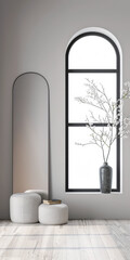 Minimalist property interiors composition with minimal furniture, a large window and a mirror in an empty room. Interiors design composition in mute colors with copy space.