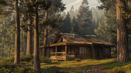 A rustic cabin nestled in a secluded pine forest, surrounded by towering trees