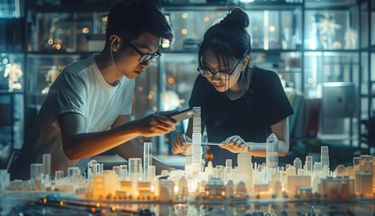 Architect and Engineer have Discussion, Use Augmented Reality Smartphone to Design Sustainable 3D Megalopolis City Model. Futuristic Office with Architectural Designers. Graphical VFX, Generative AI