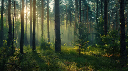 A serene pine forest with sunlight filtering through the tall trees