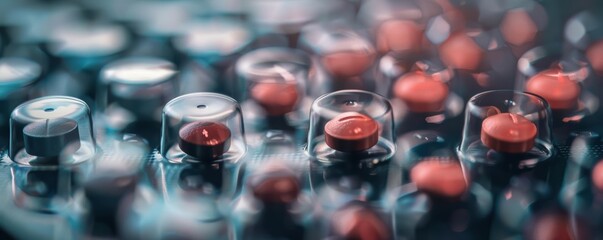 Closeup of pill tab packaging, showcasing neatly arranged blister packs with tablets, reflecting the precision and care in pharmaceutical presentation