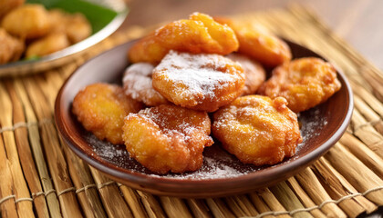 A delicious plate of crispy Pisang Goreng, Indonesian fried banana fritters, sprinkled with powdered sugar.