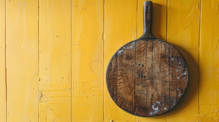 Rustic Wooden Cutting Board Against Yellow Wall