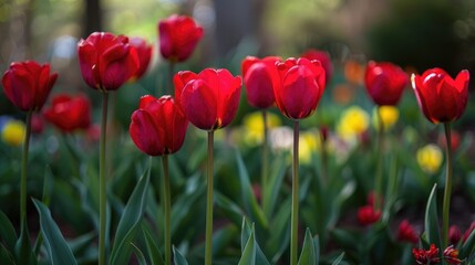 Obraz premium Beautiful Spring Garden Blooms with Red Tulips