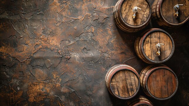 Wooden beer barrels with spouts, placed on a stone floor, blank area above for vintagethemed graphics