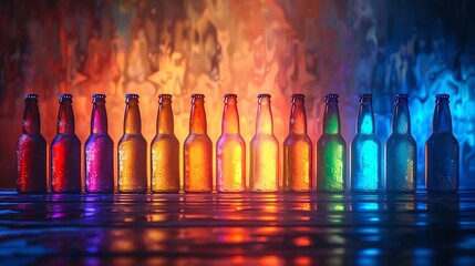 Silhouettes of beer bottles against a colorful backdrop, blank background for creative advertising