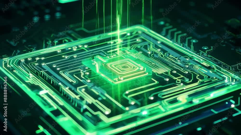 Poster This Close-up of a glowing circuit board with data lines transferring data to a processor.