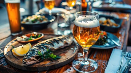 Obraz premium Beer and fish served on a wooden table
