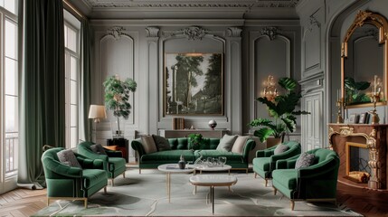 Fototapeta premium Luxurious living room interior with green velvet furniture, a fireplace and a large window with curtains.
