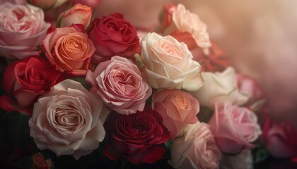 Fototapeta premium Detailed view of a bouquet of roses in various colors, the petals blending beautifully from one hue to another, capturing the intricate beauty and diversity of the blooms