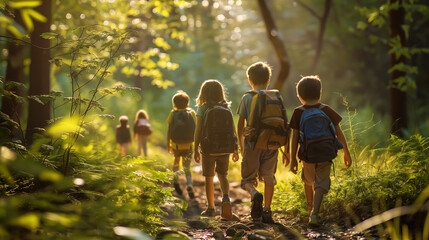 children are walking down a dirt path in the woods